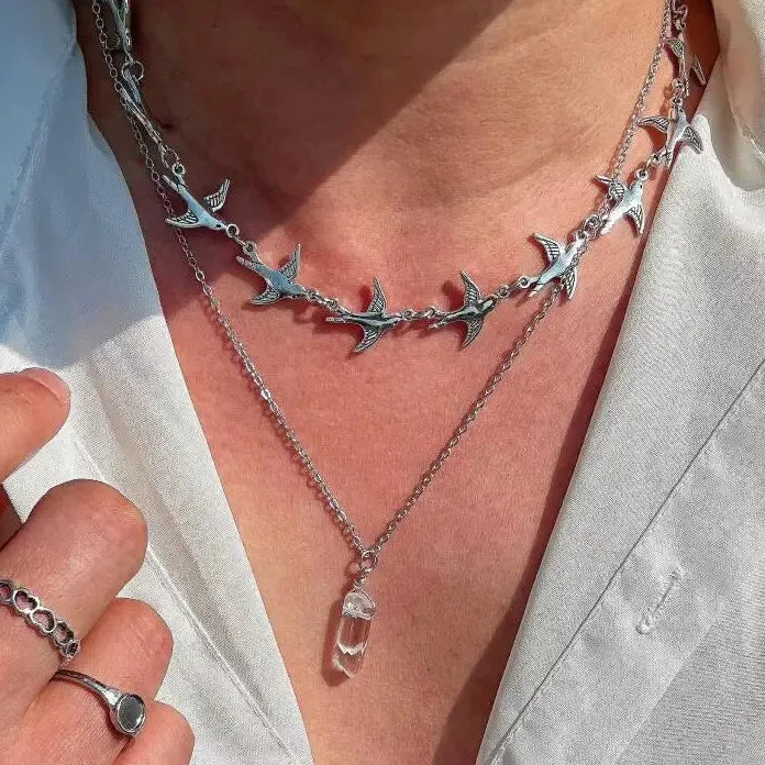 Creative Metal Flying Bird Double Layer Choker Necklace for Men Women Jewelry