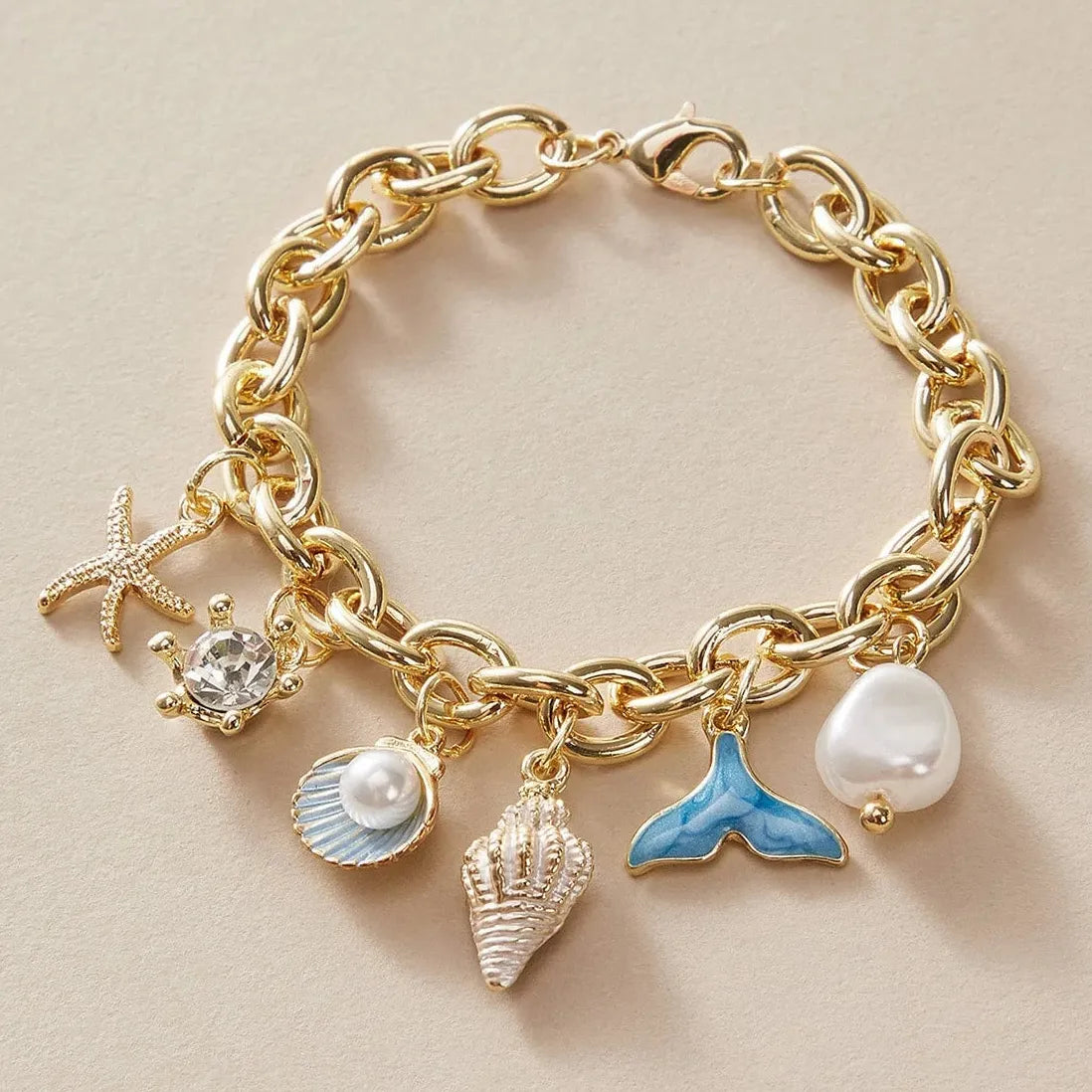 Drop Oil Fish Tail Conch Pearl Copper Alloy Chain Bracelet for Men & Women