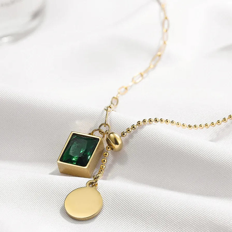 Vintage Green Crystal Heart Choker Necklace for Women Stainless Steel Chain