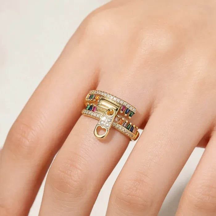 Copper Metal Zipper Open Ring Featuring Zircon Crystal for Women Personality