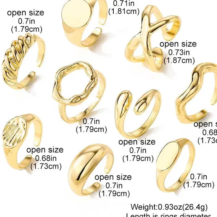 9Pcs Gold Geometric Adjustable Rings Set Fashion Jewelry for Men Women