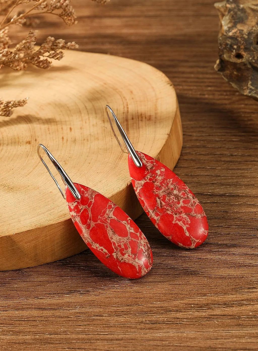 Boho Silver Teardrop Dangle Earrings with Red Jasper Natural Stone for Women