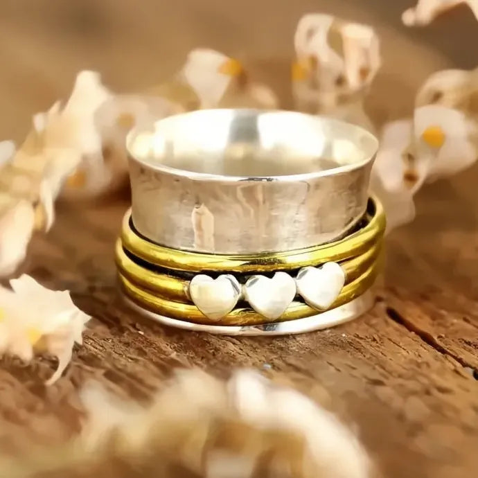 Hip Hop Zinc Alloy Two Tone Wide Ring with 3 Hearts for Women Party Jewelry