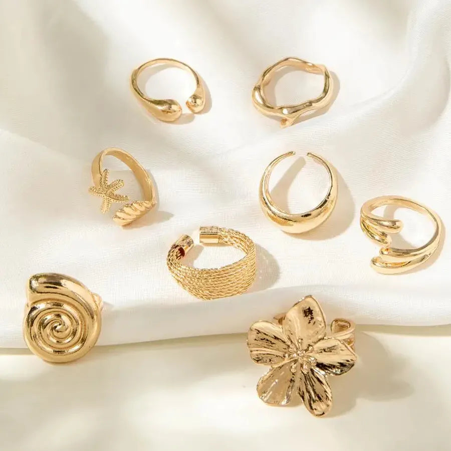8Pcs Vintage Metal Plant Pattern Open Rings for Women Gothic Gift Jewelry