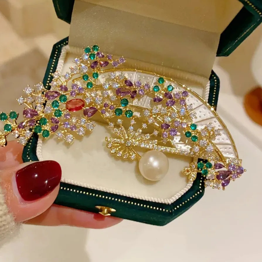 Vintage Chinese Violet Vine Folding Fan Brooch Pin for Women