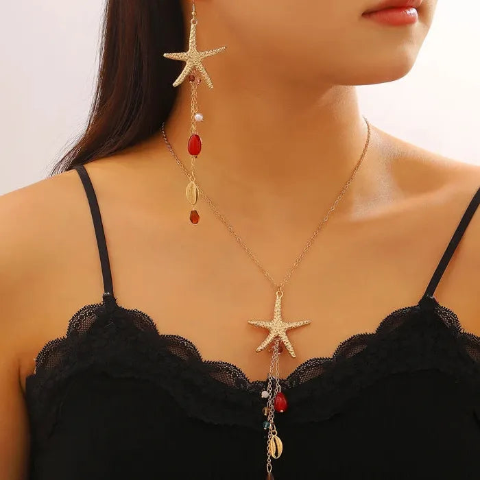 Boho Starfish Shell Jewelry Set Zinc Alloy Crystal Bead Necklace Earrings