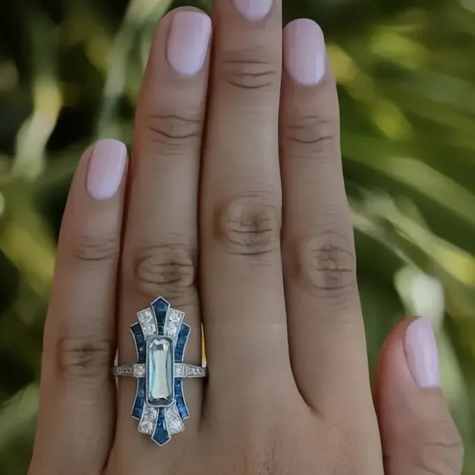Luxury Blue Cubic Zirconia Cocktail Ring Brass Anniversary Gift for Women