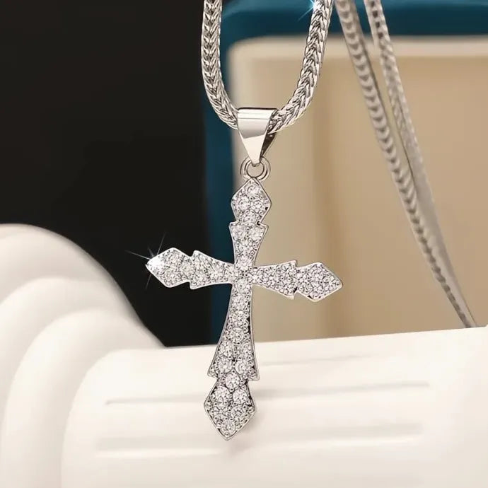 Women Silver Cross Pendant Necklace CZ Shining Party Jewelry Copper Alloy