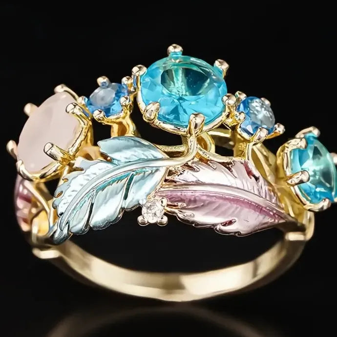 Gold Feather Blue CZ Ring Brass Geometric Wedding Party Jewelry for Women