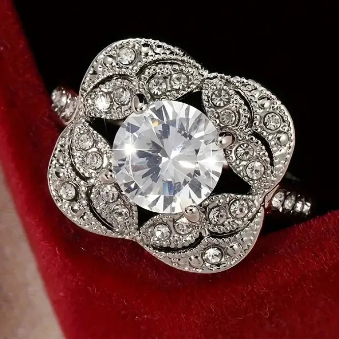 Luxury Zinc Alloy Blossoms Engagement Ring for Women Anniversary Gift Jewelry