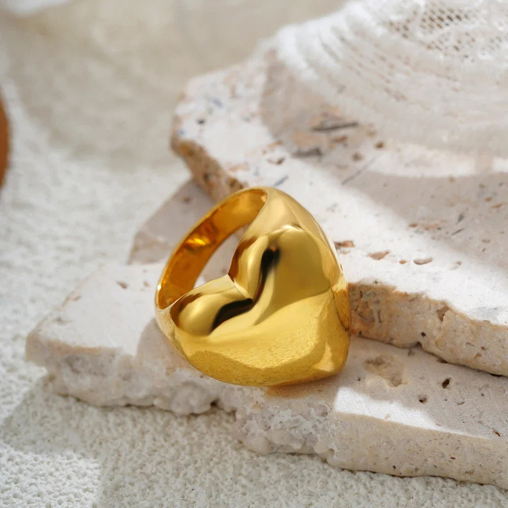 18K Gold Plated Stainless Steel Heart Wedding Ring for Women Chunky Knuckle Ring