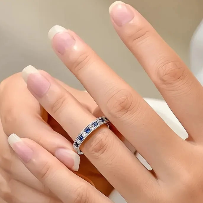 Blue White Cubic Zirconia Brass Eternity Wedding Band Ring for Women
