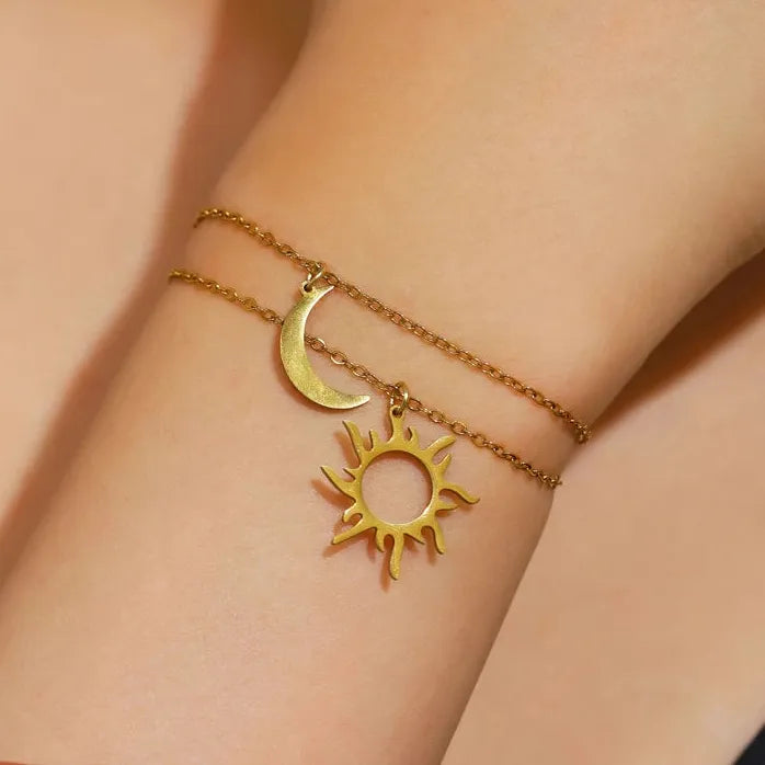 Stainless Steel Sun Moon Earrings & Adjustable Bracelet Women Retro Jewelry Gift
