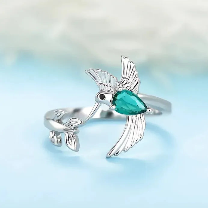Brass Bird Cocktail Ring with Green CZ for Women Fashion Party Jewelry