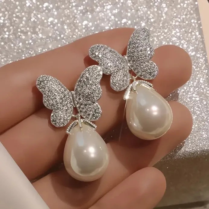 Elegant Butterfly Drop Earrings with Pearl Cubic Zirconia Jewelry for Women