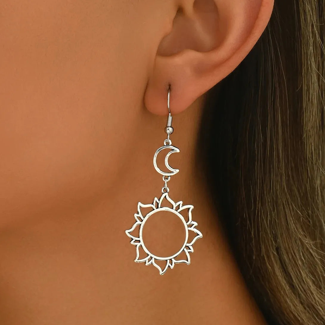 Bohemian Sun Moon Hollow Out Zinc Alloy Pendant Earrings for Women Gift