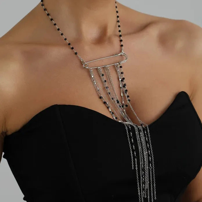 Multi-Layer Tassel Zinc Alloy Brooch Necklace with Crystal Chain Gift for Women