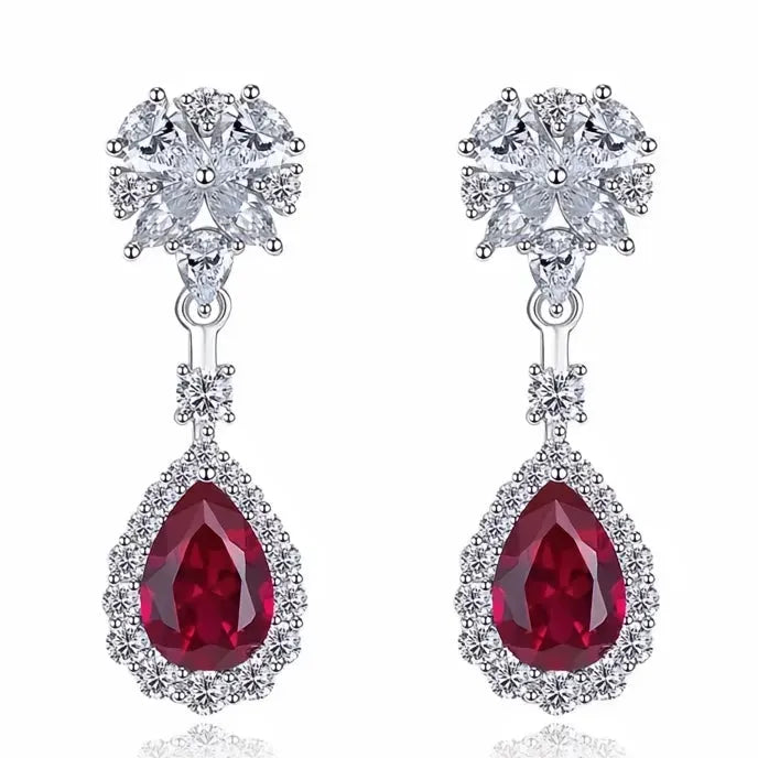 Bright Red Cubic Zirconia Flower Drop Earrings for Women Bridal Wedding Jewelry Gift Copper Alloy