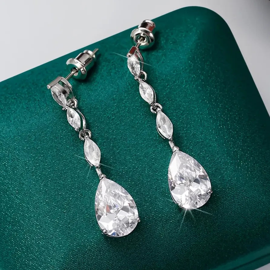 Bridal Silver Geometric CZ Dangle Earrings Elegant Wedding Jewelry