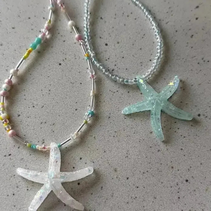 Y2K Blue Acrylic Starfish Pendant Necklace for Women Colorful Bead Choker