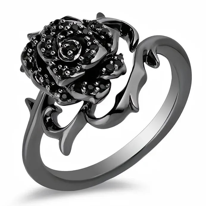 Brass Black Flower Pave Wedding Band with Cubic Zirconia for Women