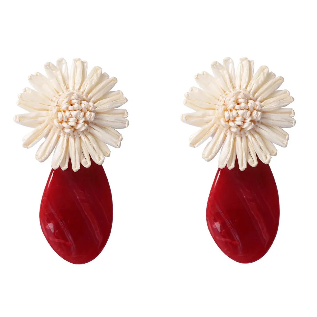 Red Geometric Acrylic Oval Drop Earrings Women Vintage Knitted White Flower Jewelry