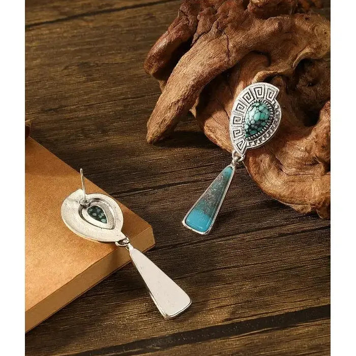 Bohemian Zinc Alloy Drop Earrings Geometric Blue Stone Ethnic Style Gift