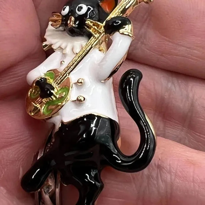 Vintage Cat Animal Brooch Musical Instrument Pin Trendy Jewelry for Women