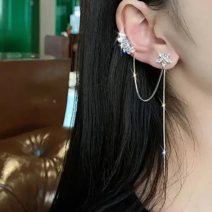 Zinc Alloy Shiny Rhinestone Clip Tassel Earrings for Women Girls