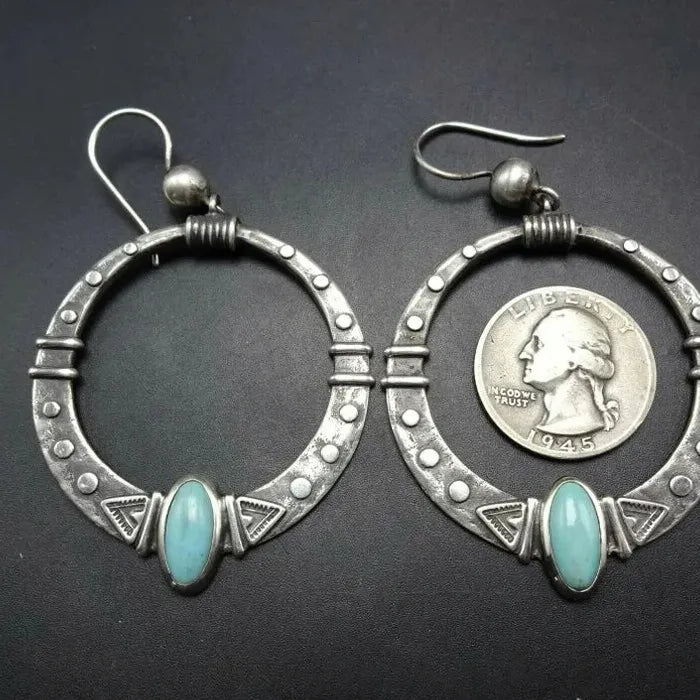 Retro Oval Green Resin Inlaid Drop Earrings Silver Metal Carved Stripes Women