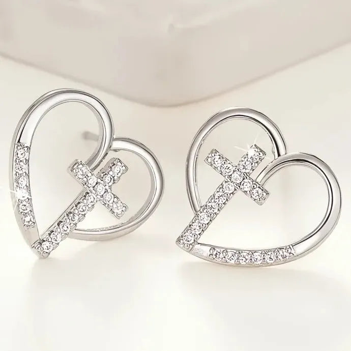 Heart Cross Cubic Zirconia Stud Earrings Copper Alloy Religious Jewelry Gift