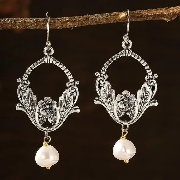 Bohemian Silver Metal Carving Plant Pattern Pearl Drop Earrings for Women