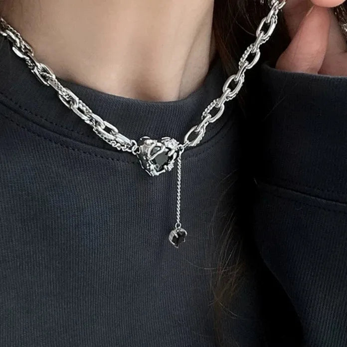 Black Zircon Heart Star Sun Pendant Zinc Alloy Choker Necklace Y2K EMO Vintage