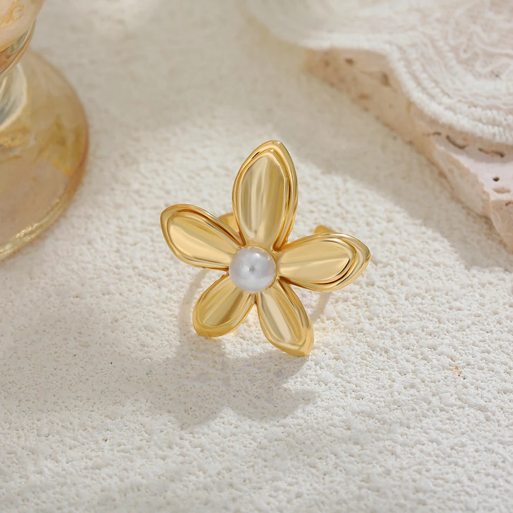 Flower Pearl Ring for Women Stainless Steel Plant Design Anti-Allergic Jewelry Gift 2025