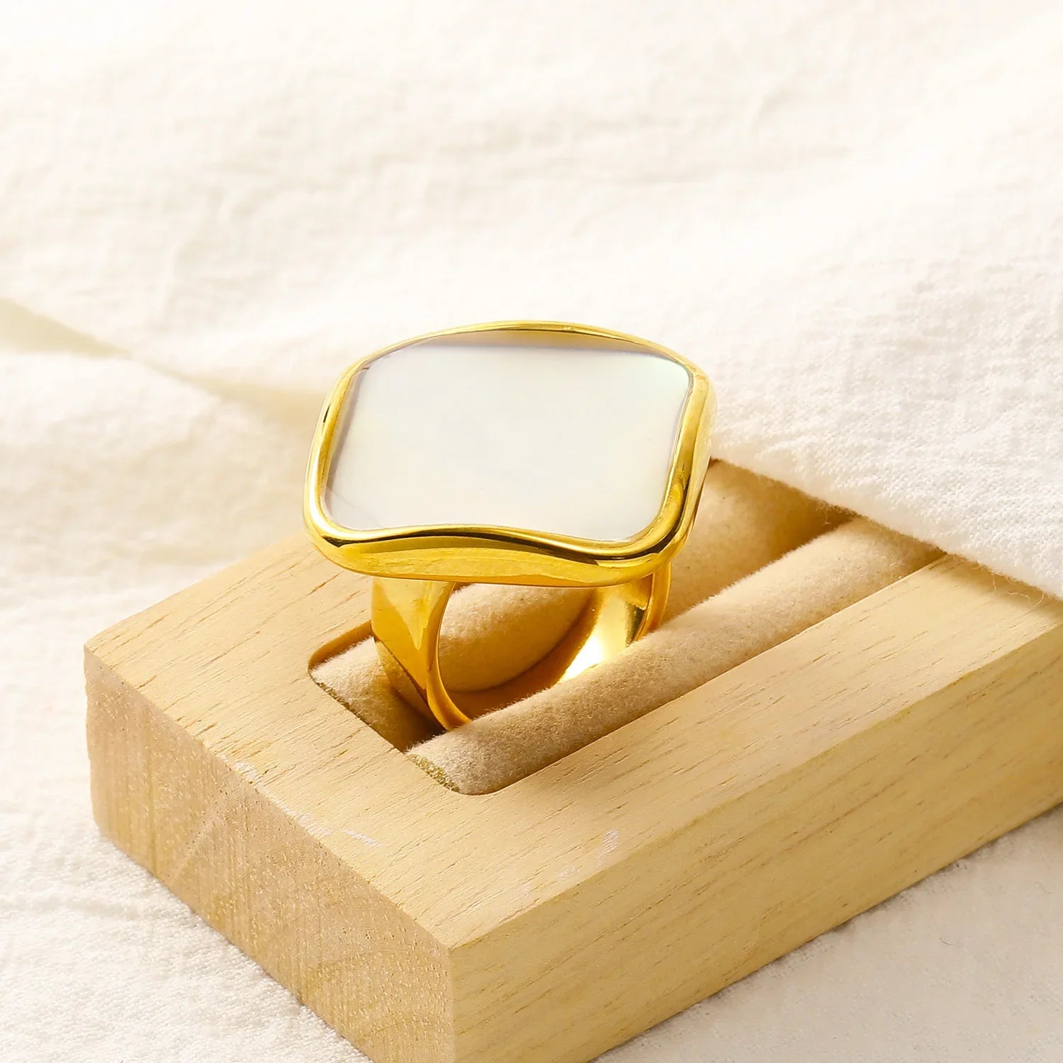 Oversize Natural Abalone Shell Ring for Women 18K Gold Plated Stainless Steel