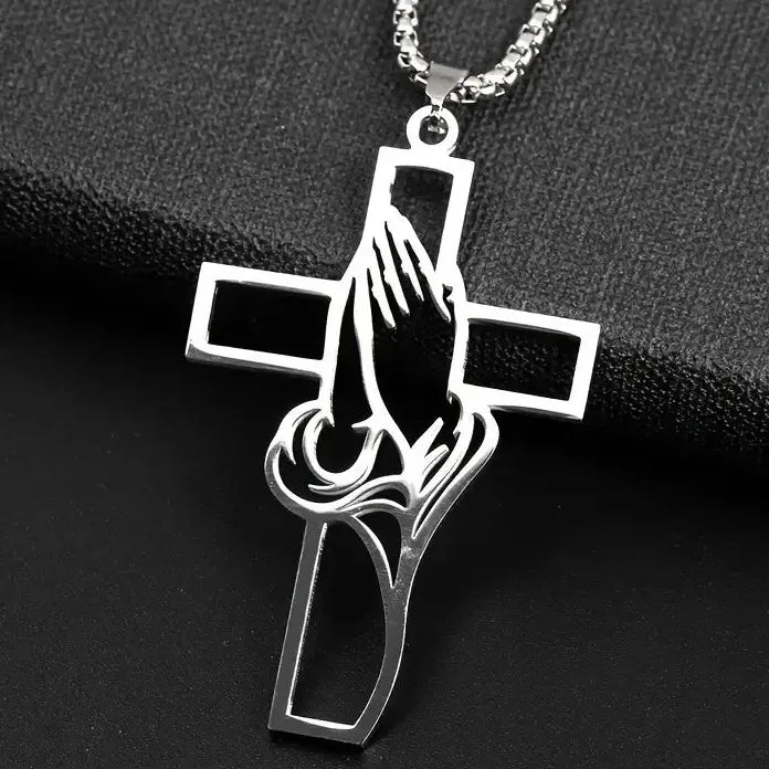 Stainless Steel Cross Pendant Necklace Men Hiphop Punk Pray Hands Gift
