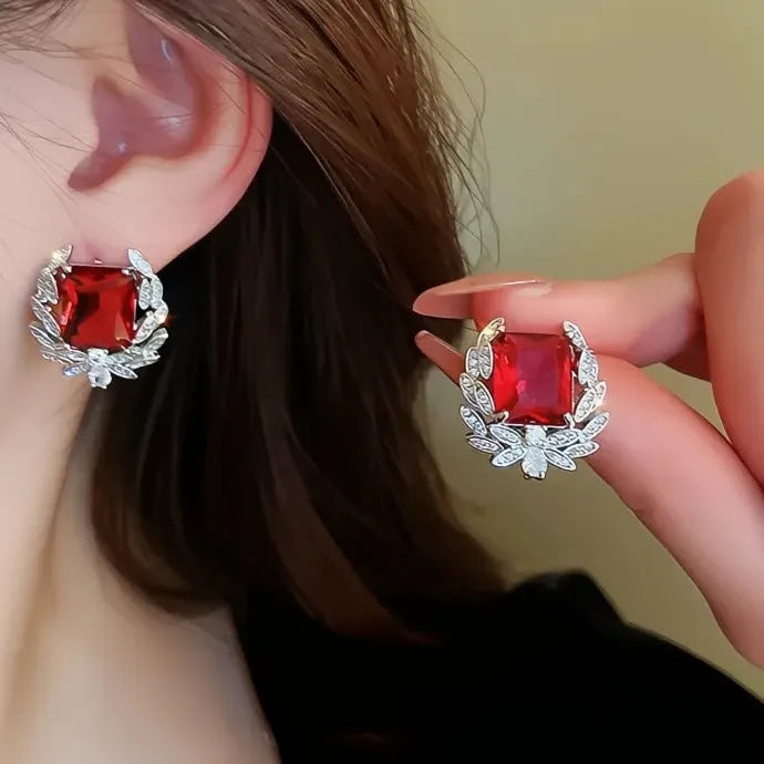 Bright Red Geometric Cubic Zirconia Crystal Stud Earrings for Women Copper Alloy
