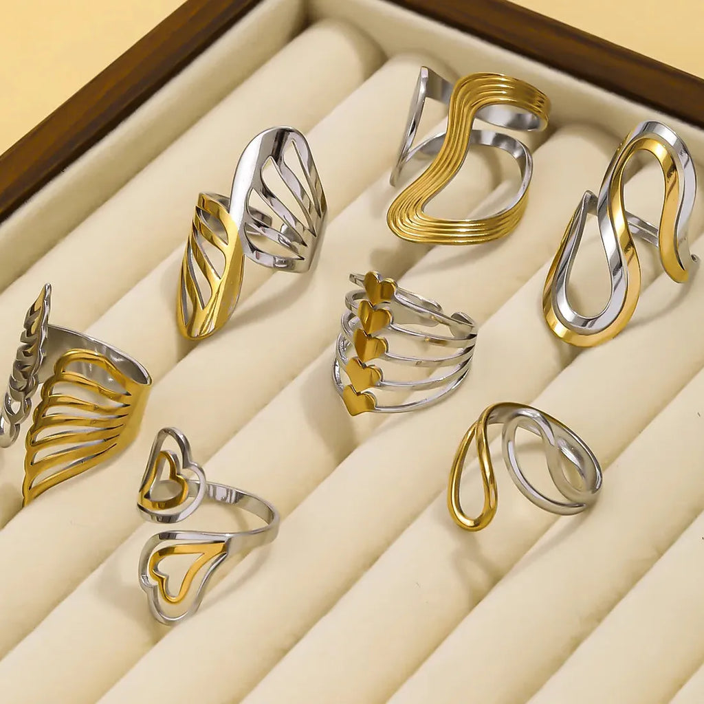 Vintage Geometric Multi-Layer Irregular Leaf Heart Stainless Steel Cocktail Ring