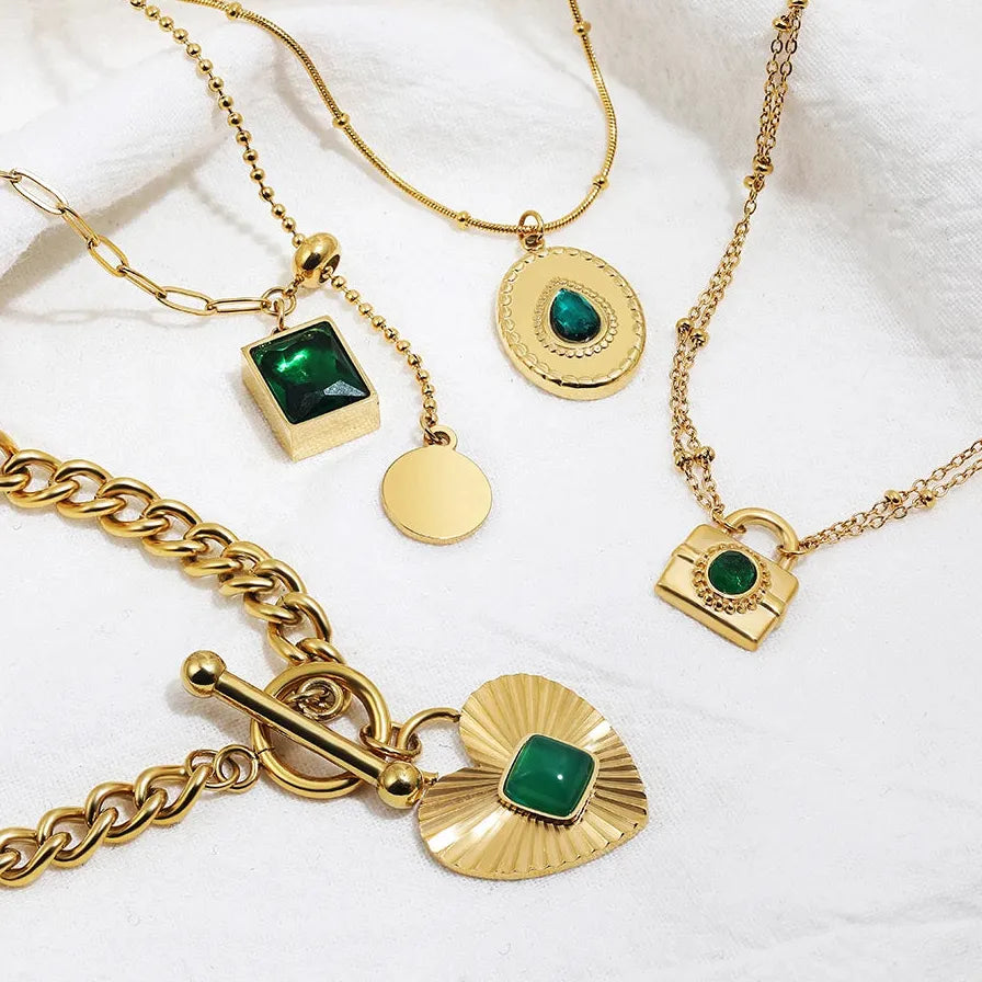 Vintage Green Crystal Heart Choker Necklace for Women Stainless Steel Chain