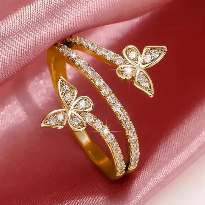 Delicate Silver Butterfly Brass Ring with Cubic Zirconia for Women Wedding Party Jewelry