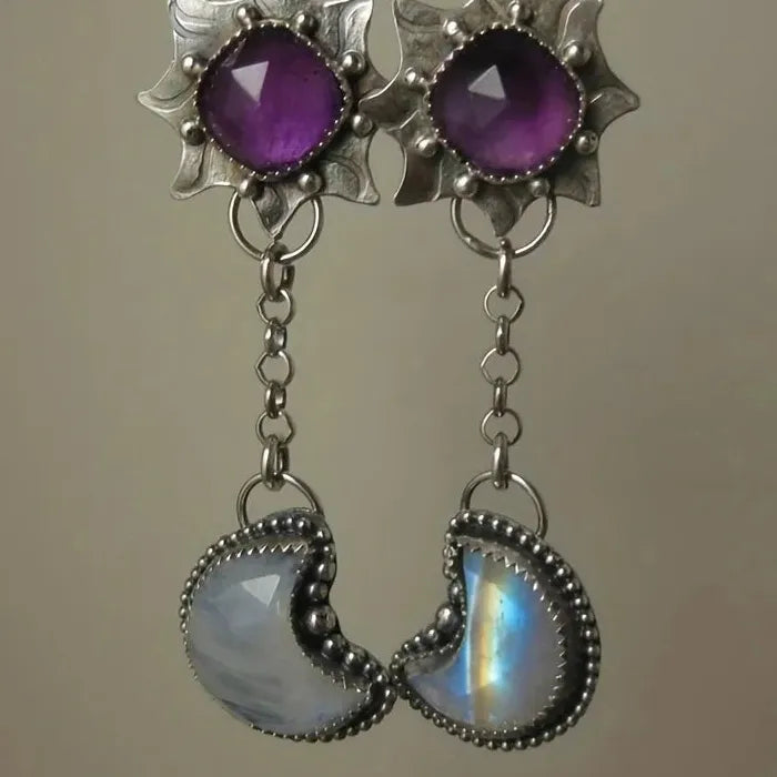 Retro Bohemian Sunflower Crescent Pendant Earrings Zinc Alloy for Women