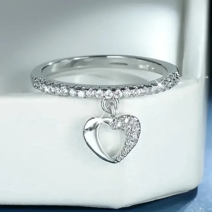 Elegant Heart Pendant Ring Women Wedding Shiny CZ Silver Gold Brass Jewelry