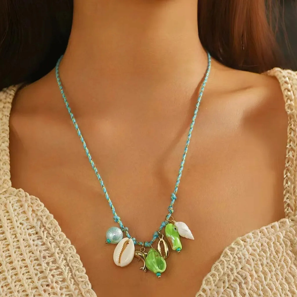 Handmade Rope Ceramic Fish Conch Pendant Necklace Women Starfish Shell Choker Jewelry