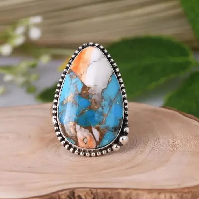 Retro Bohemian Copper Ring with Geometric Stone Resin Inlay for Women