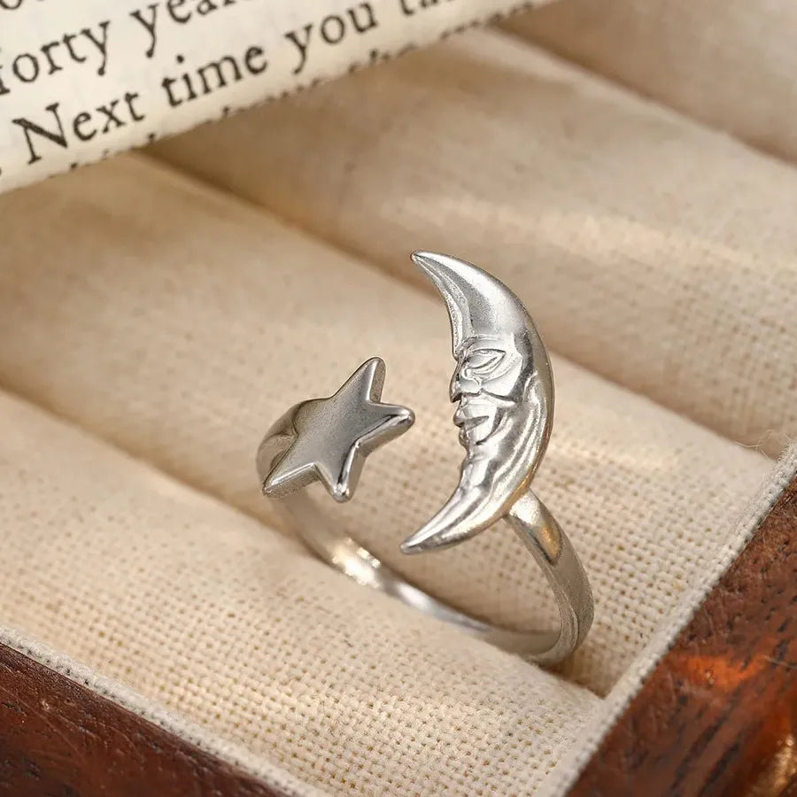 Minimalist Asymmetric Moon Star Open Ring for Women Gold Stainless Steel Jewelry