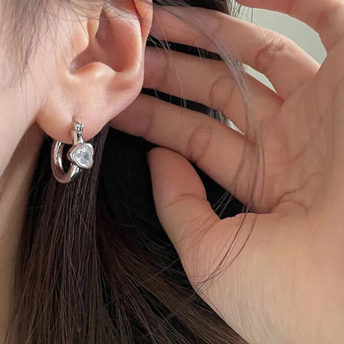 Shiny Zircon Heart Buckle Hoop Earrings Copper Stainless Steel 2026