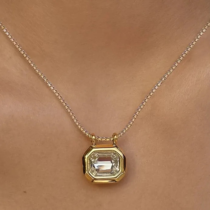 Elegant Geometric CZ Crystal Pendant Necklace for Women Wedding Jewelry Gold Tone