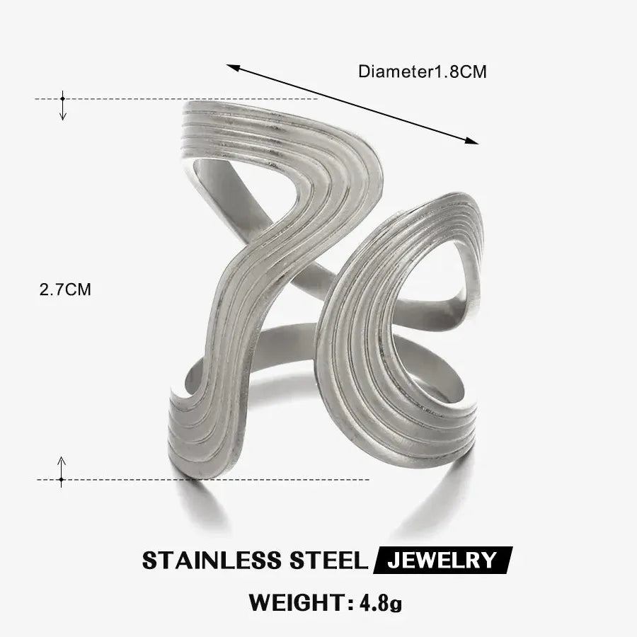 Vintage Geometric Wide Stainless Steel Cocktail Ring for Women Jewelry Gift