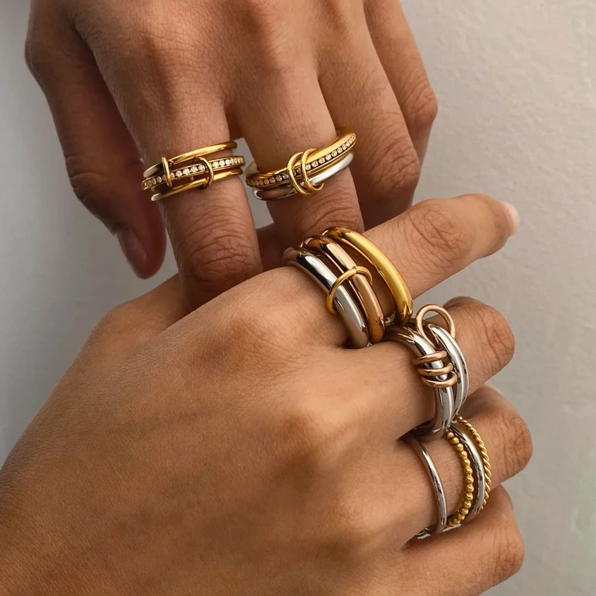 Chunky Gold Plated Stainless Steel Zircon Multilayer Everly Stacked Ring Eternity Jewelry