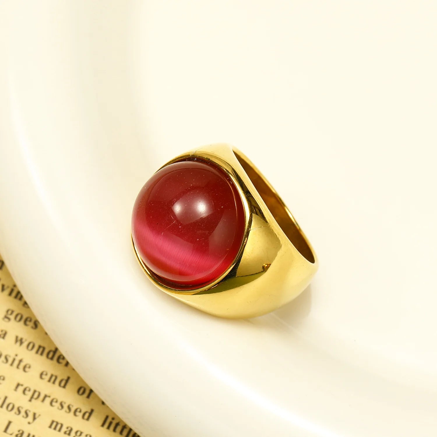 18K Gold Plated Stainless Steel Opal Cat's Eye Chunky Knuckle Ring Vintage Multicolor